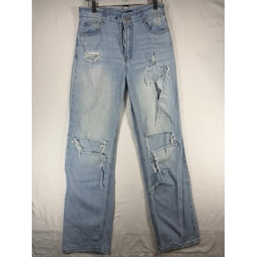 S.O.N.G. 90s Boyfriend Jeans Women 7/28 Light Blue Good Distressed Raw Hem